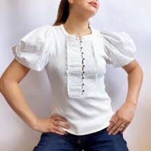 Pilcro Anthropologie Bella Henley Shirt Blouse puff sleeves ripped accents